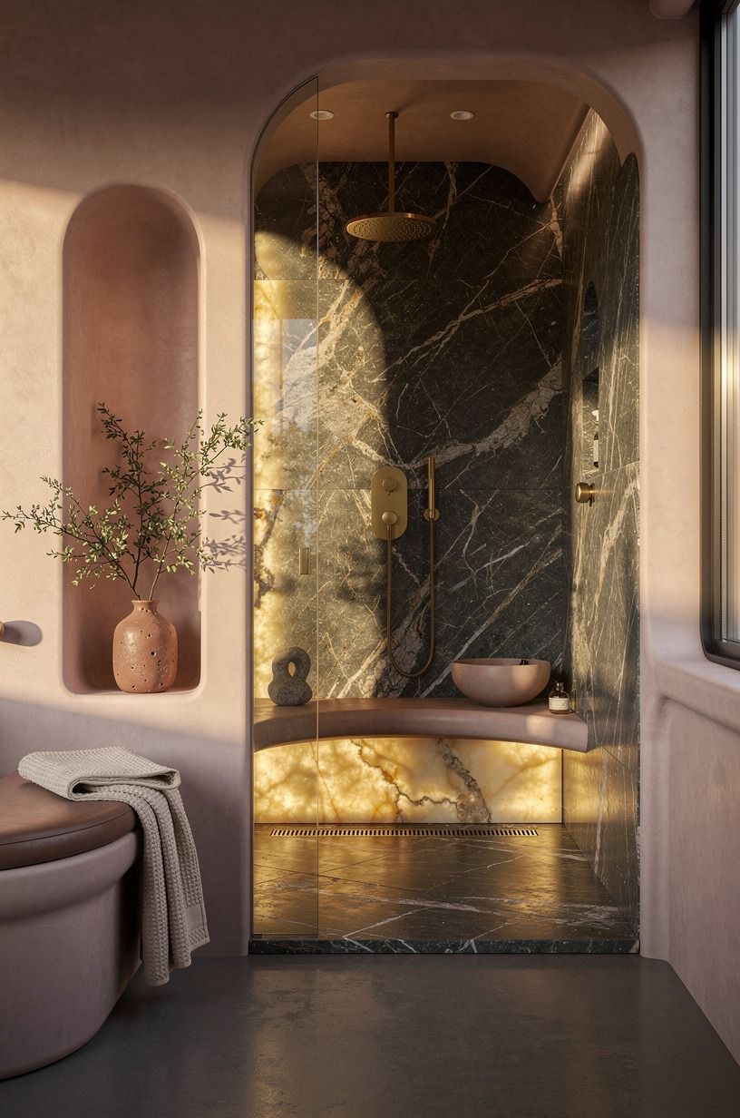 Build a walk-in shower in book-matched slabs