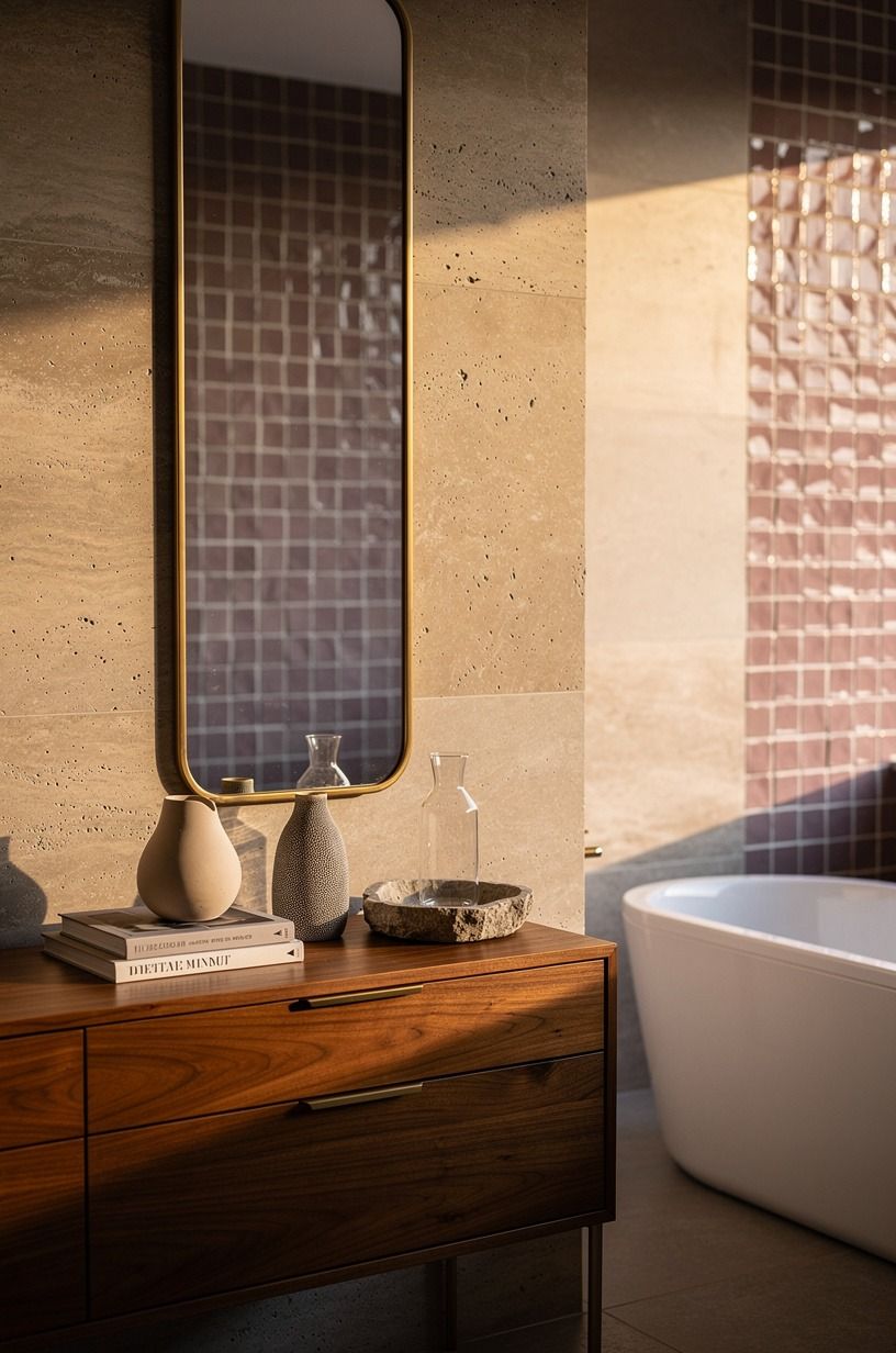 Mix travertine with hand-glazed zellige for real depth