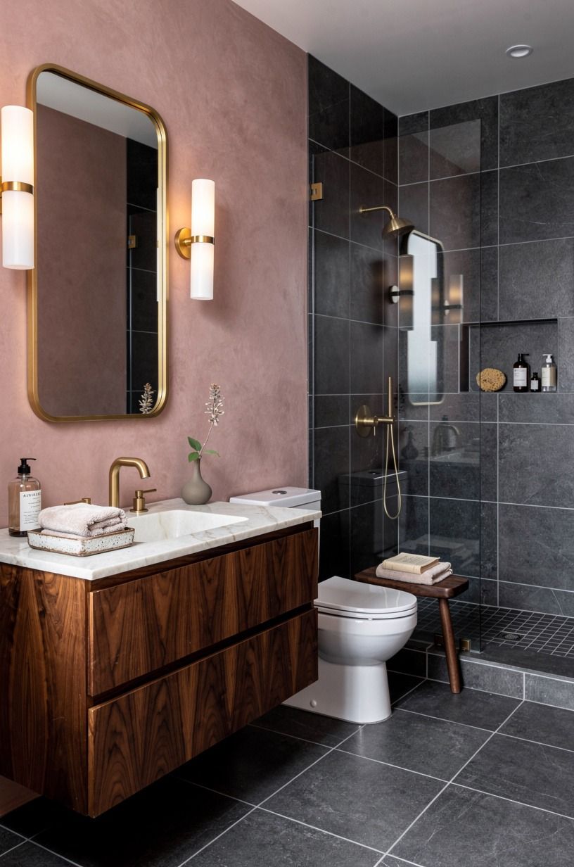Choose grout-line scale over tiny repeats in busy baths