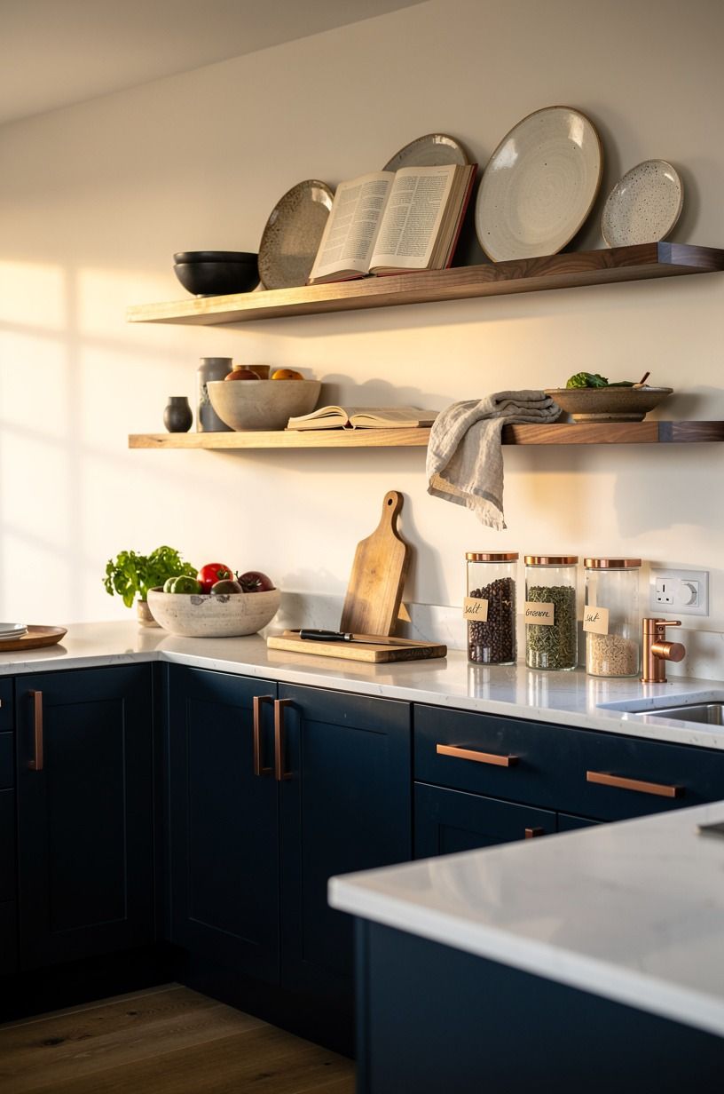 Float walnut shelves above the daily mess