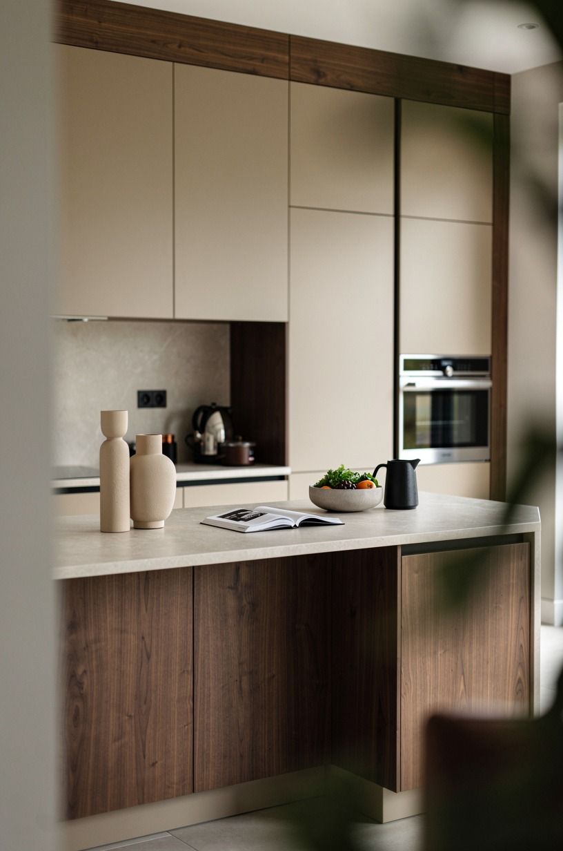 Layer the Two-Wood Rule (beige and walnut kitchen)