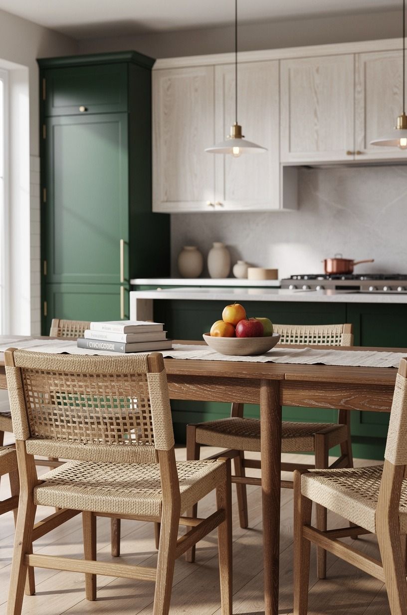Mix wood tones kitchen-style with woven seating