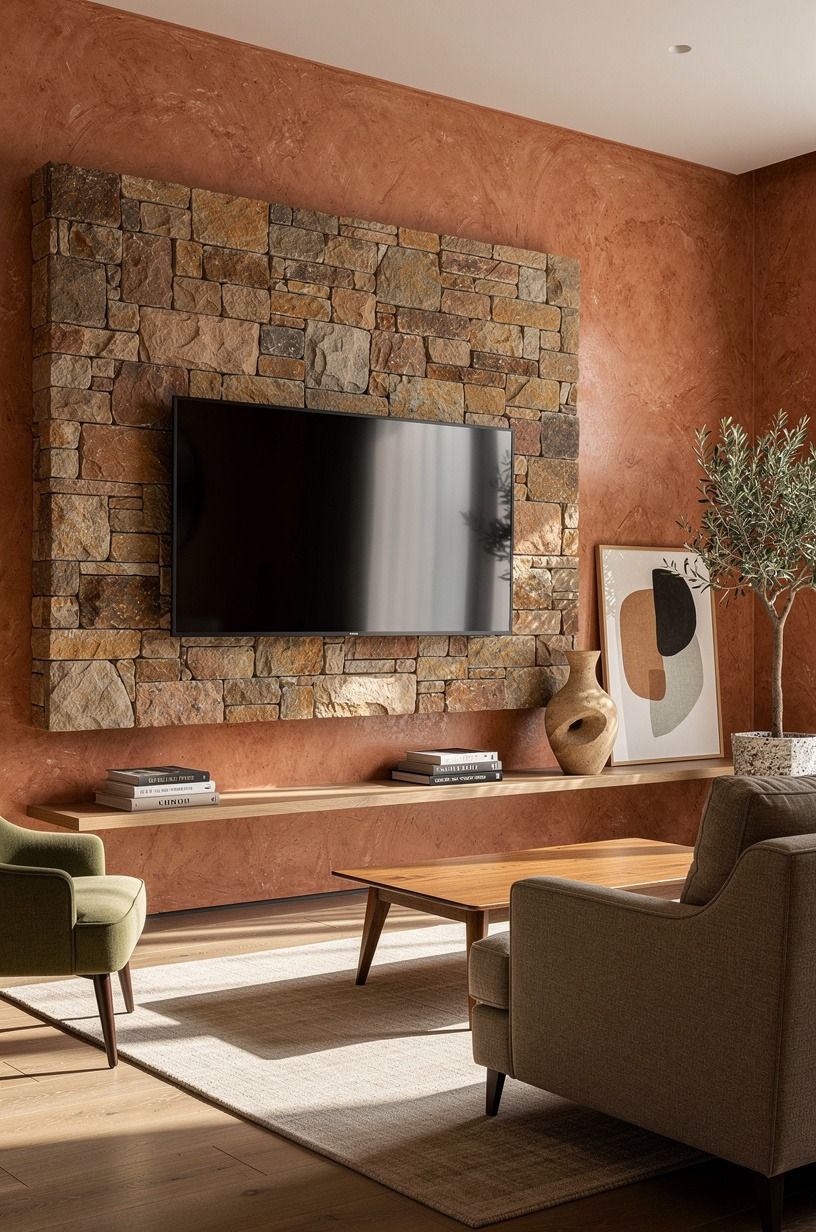 Frame the Latest Media Wall Design With Stone Texture
