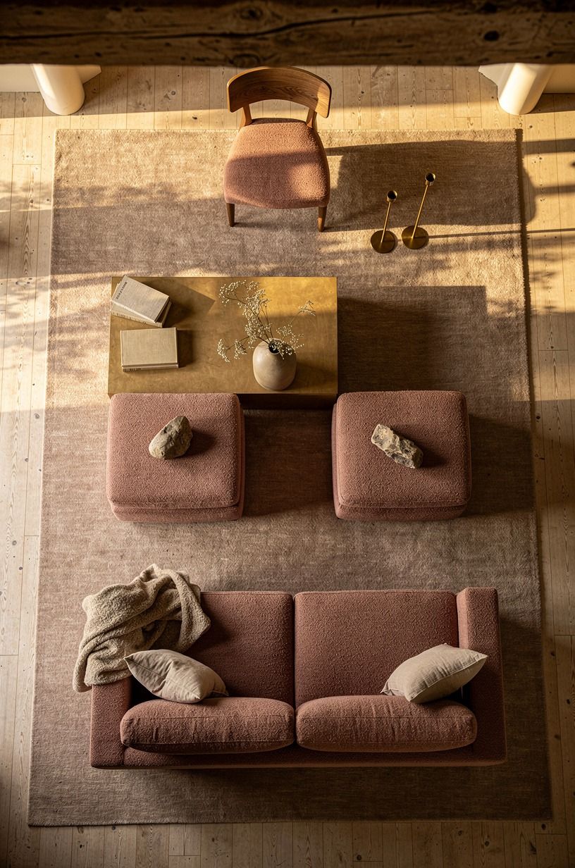 Anchor the seating on a wool rug big enough to matter