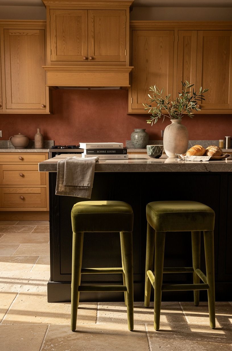 Can a dark island make oak cabinets feel lighter?