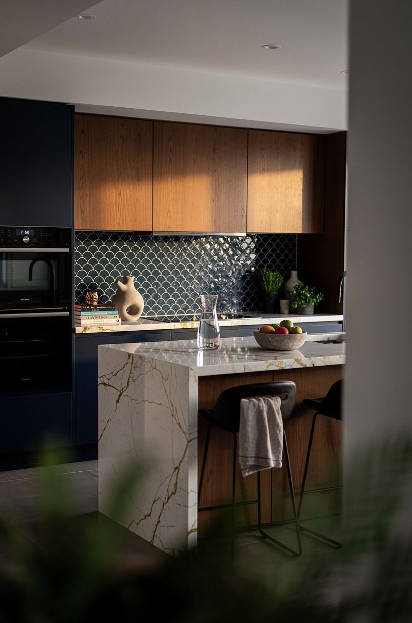 Choose a zellige backsplash over busy stone veining