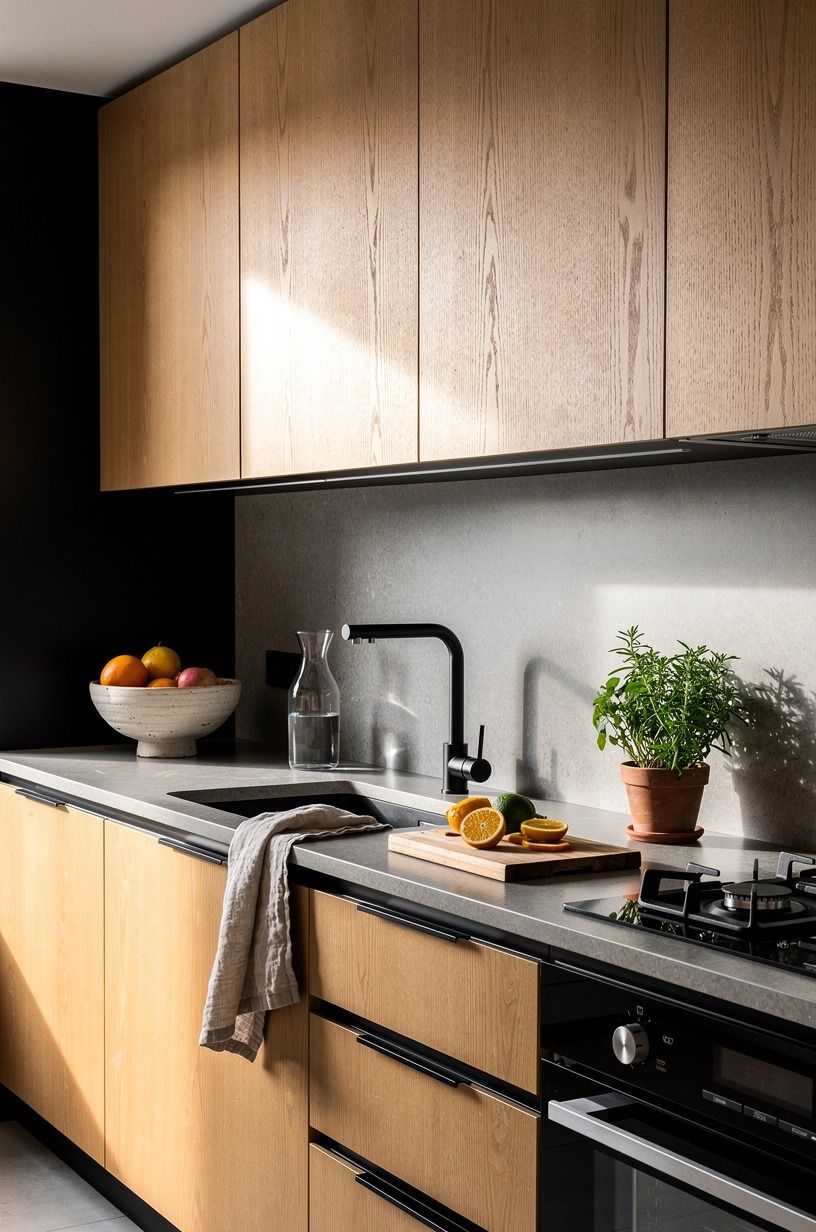 Mix black details with oak, but keep them slim