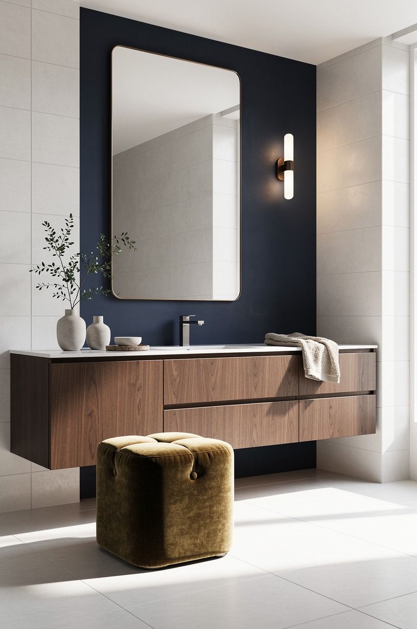 Anchor the room with a floating wood vanity