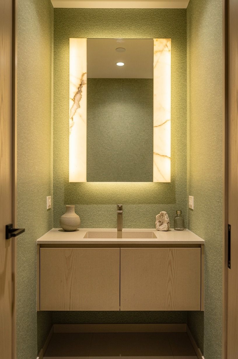Frame your powder room vanity wallpaper with one serious mirror