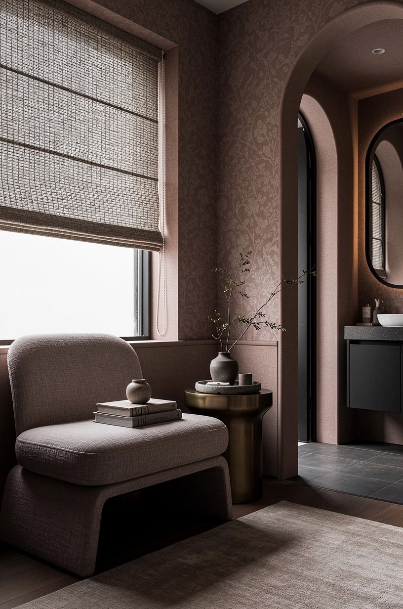 Let a woven shade soften the master wallpaper feeling