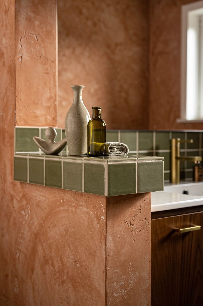 Float a pony wall tile ledge beside the entry