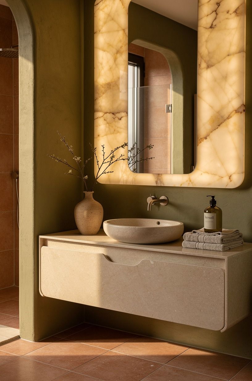 Use a wall-mounted vanity to preserve the sightline
