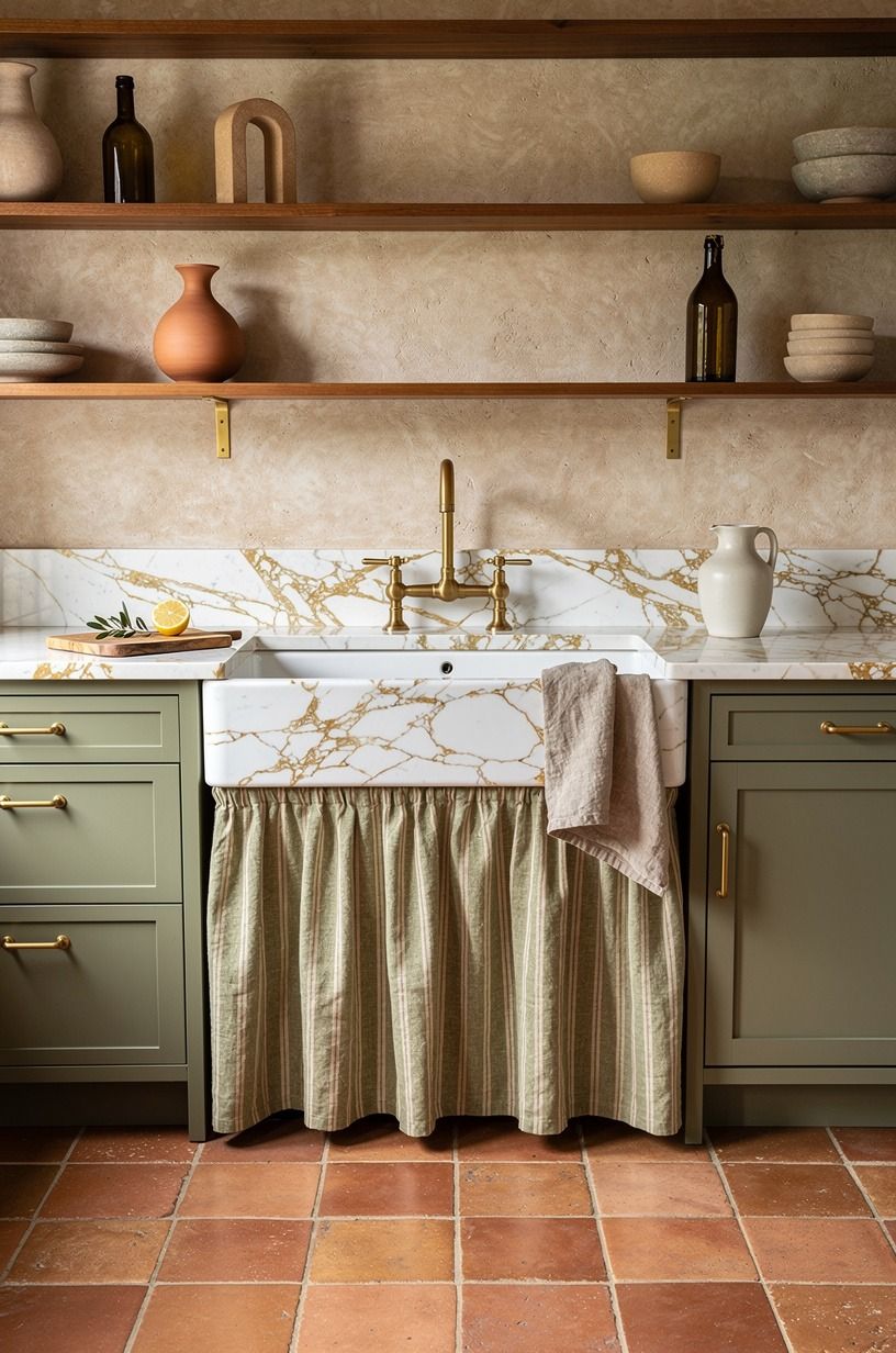 Choose a vintage farmhouse kitchen design sink skirt
