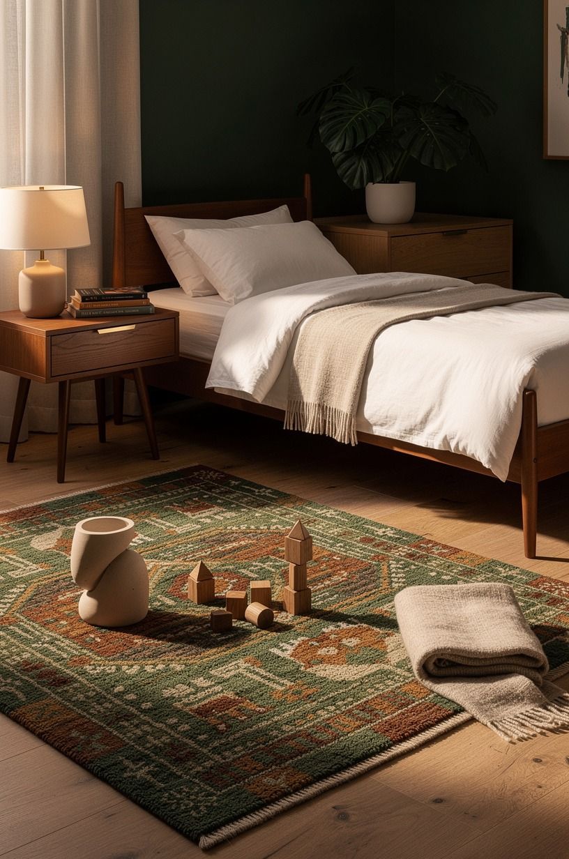 Choose a 5x7 ft wool play rug before tiny decor