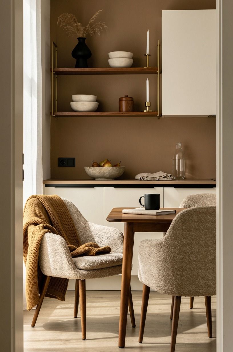Bring in a brown and beige kitchen idea through seating