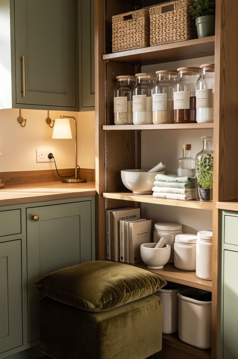 Build a useful pantry corner with natural kitchen design earth tones