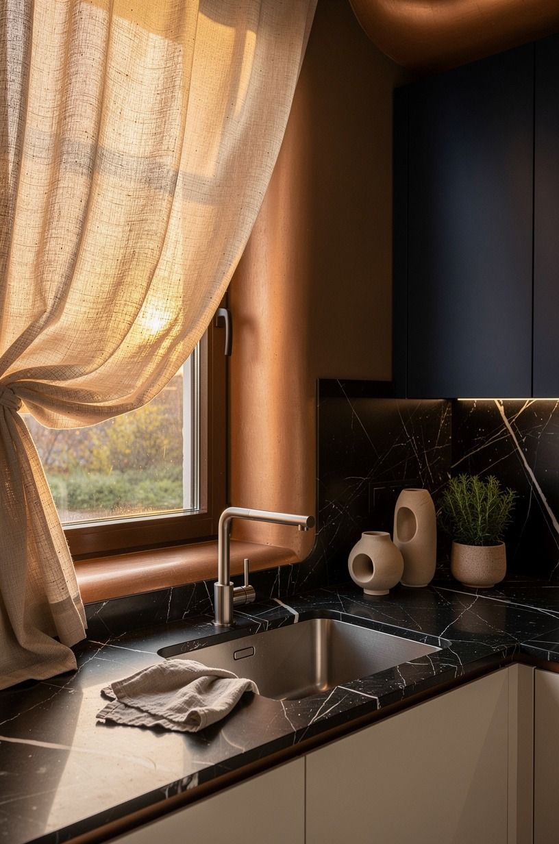 Frame the sink with a soft window treatment