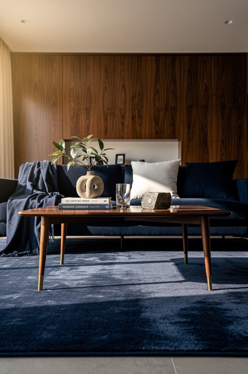 Anchor the seating with a rug that reaches the wall