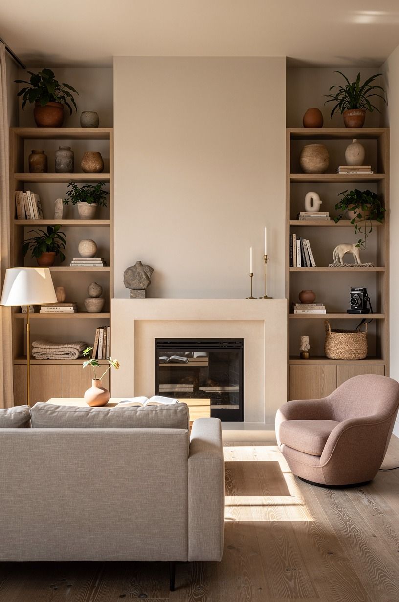 Frame the fire with shelves that hold real life