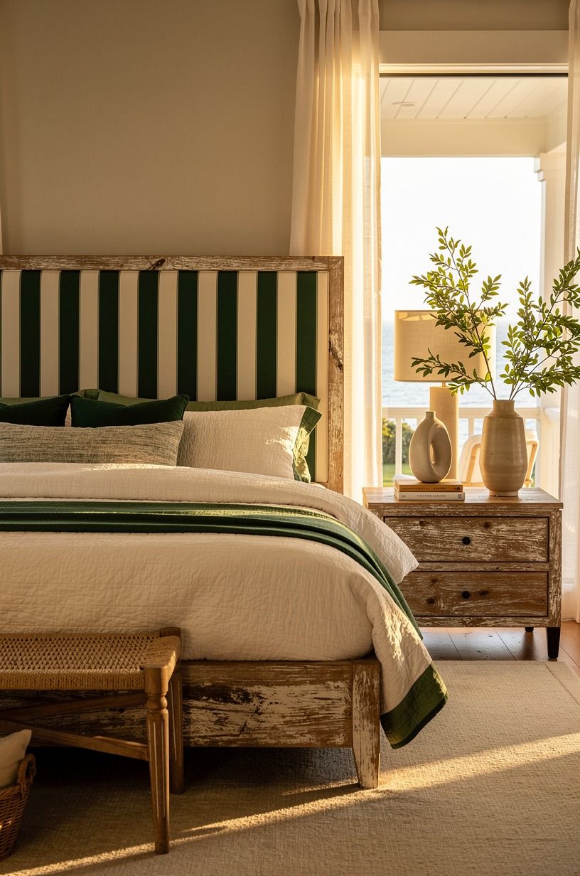 Make Cape Cod bedroom ideas softer with a striped headboard