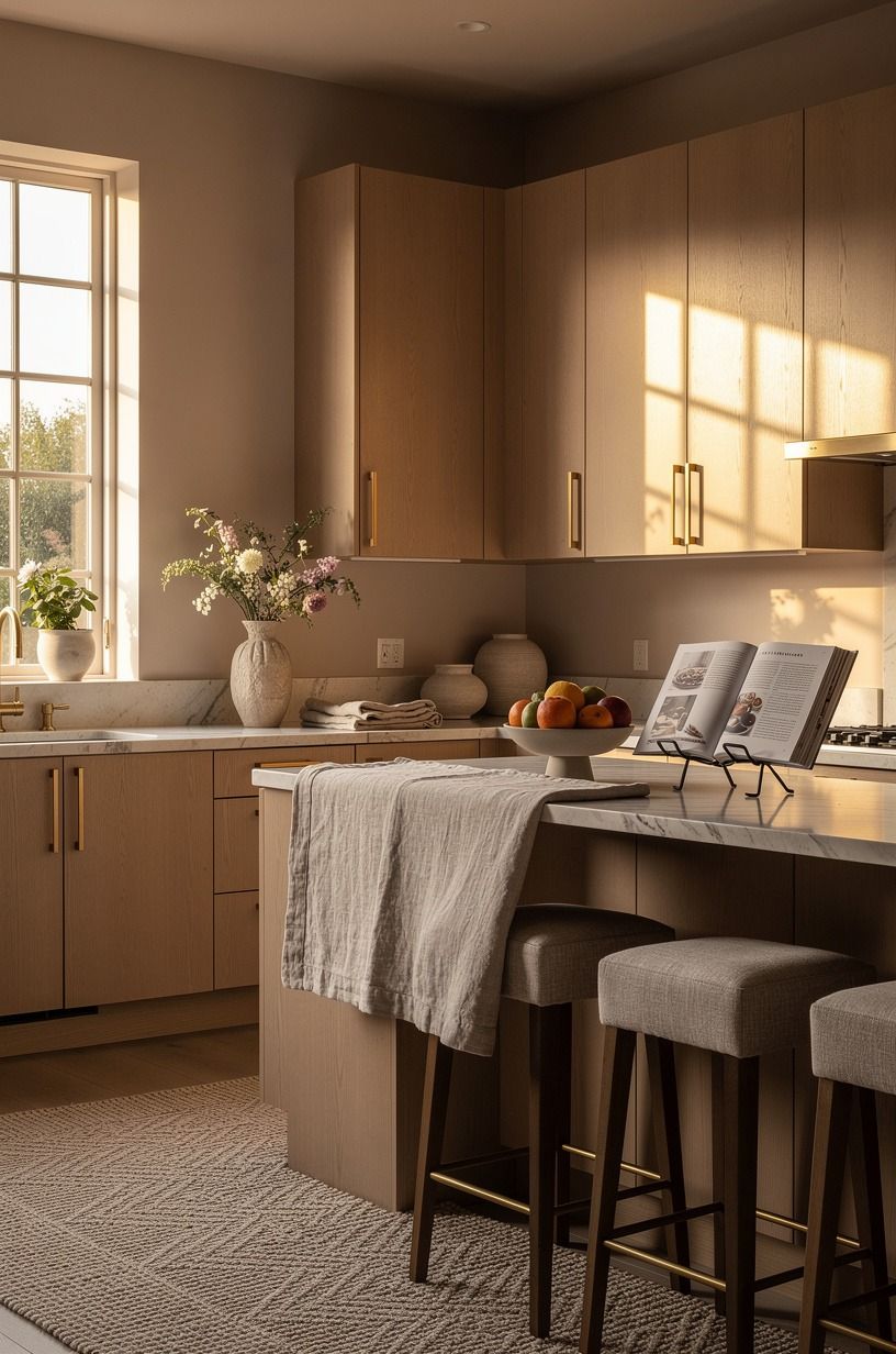 Paint the walls around light wood cabinets in a soft neutral