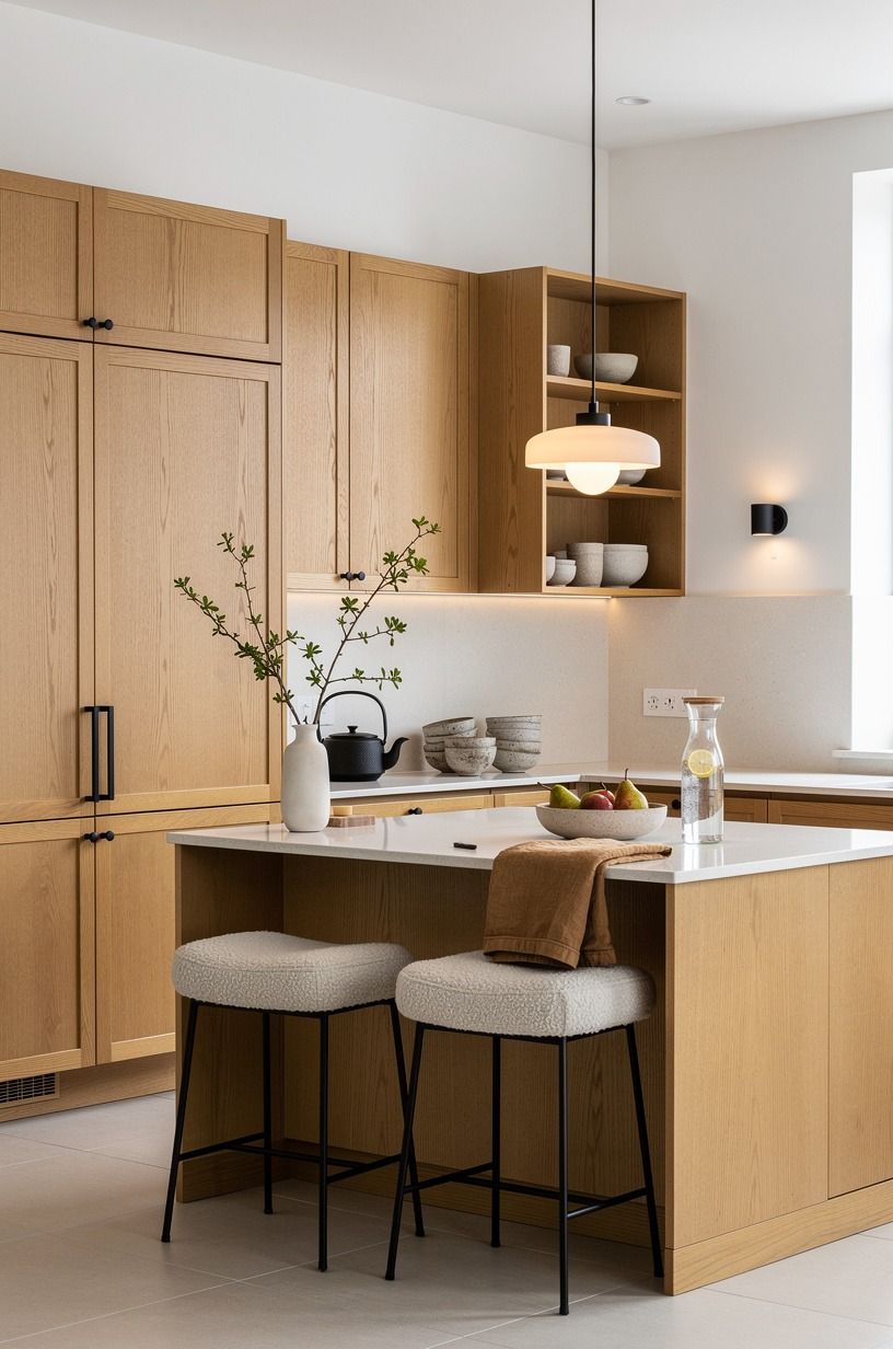 Use The Two-Wood Rule for an apartment kitchen wood cabinets look