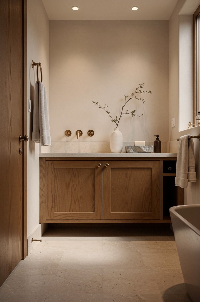 Layer the Two-Wood Rule (for a minimalist wood and stone bathroom)