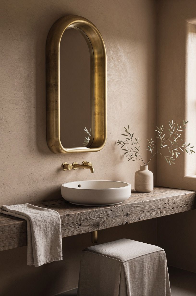 Swap a plain mirror for an aged brass arch
