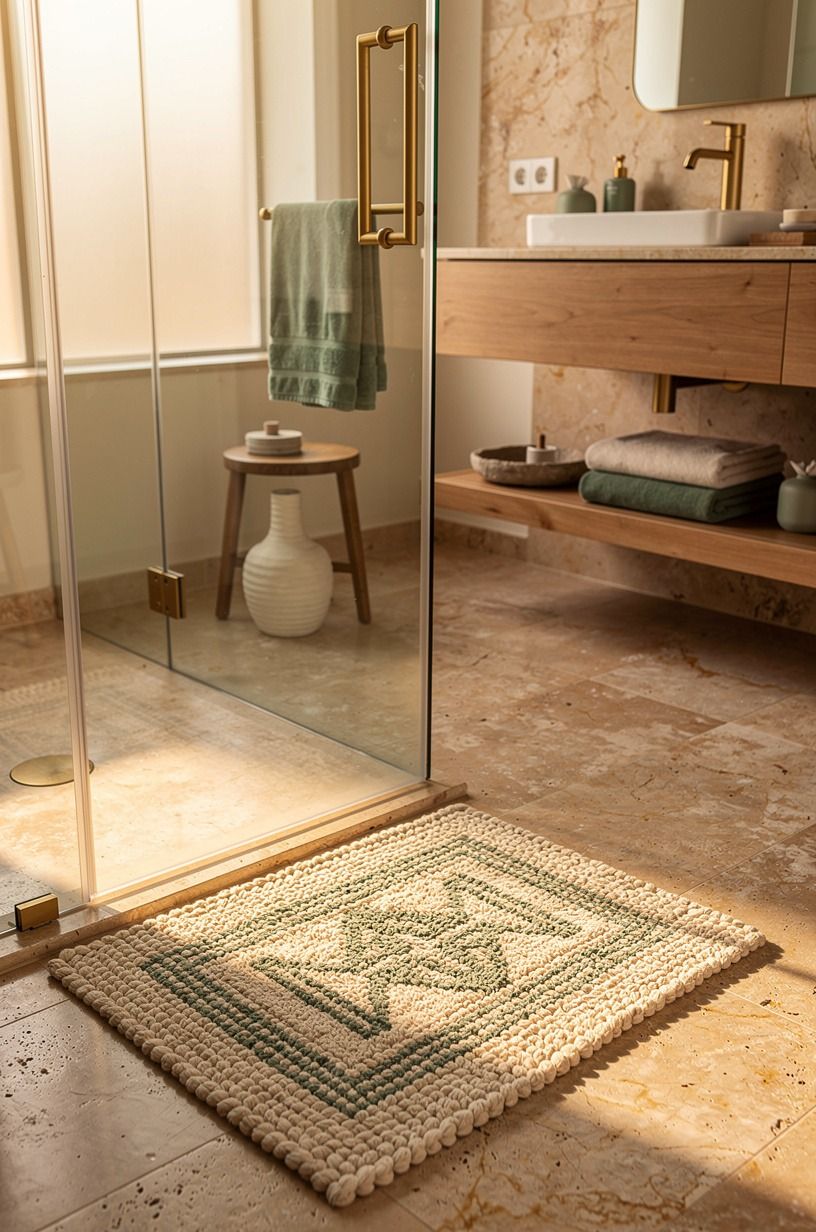 Add a warm textile landing spot outside the shower