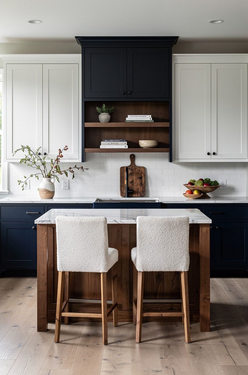 Let the Two-Wood Rule calm down rustic farmhouse kitchen decor