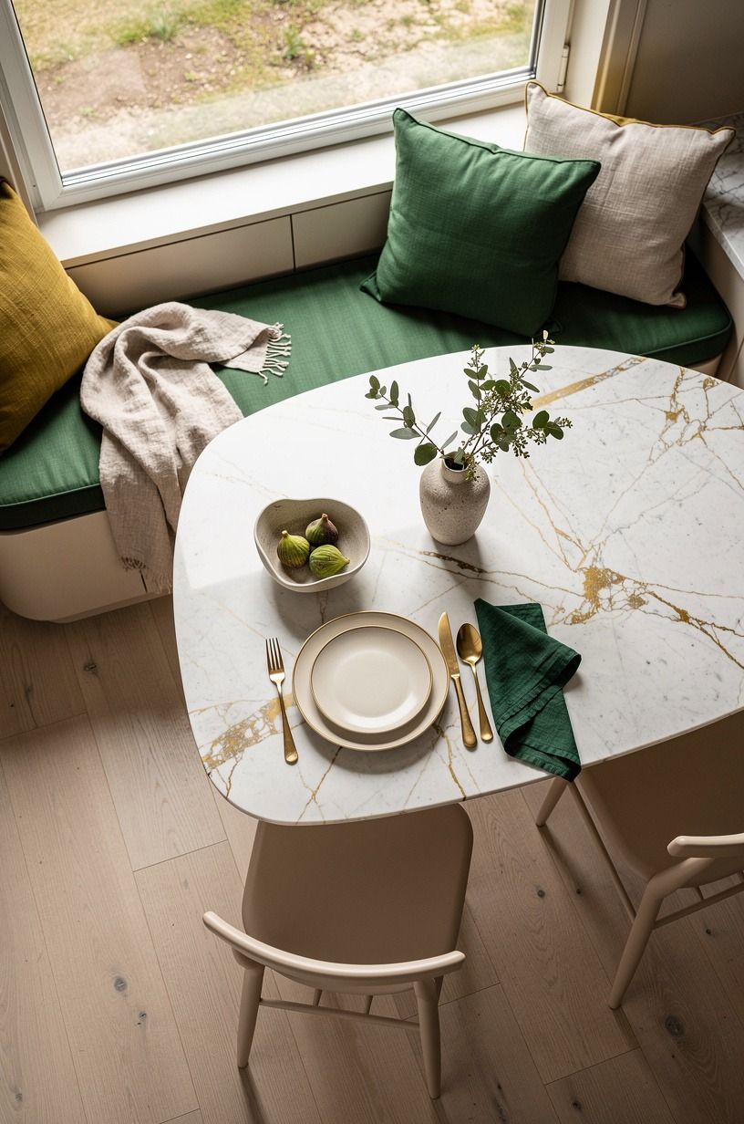 Choose window-seat cushions over matched dining chairs