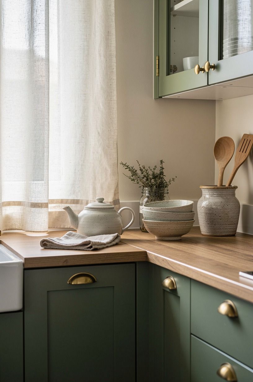 Let a café curtain soften the kitchen counter decor vintage look