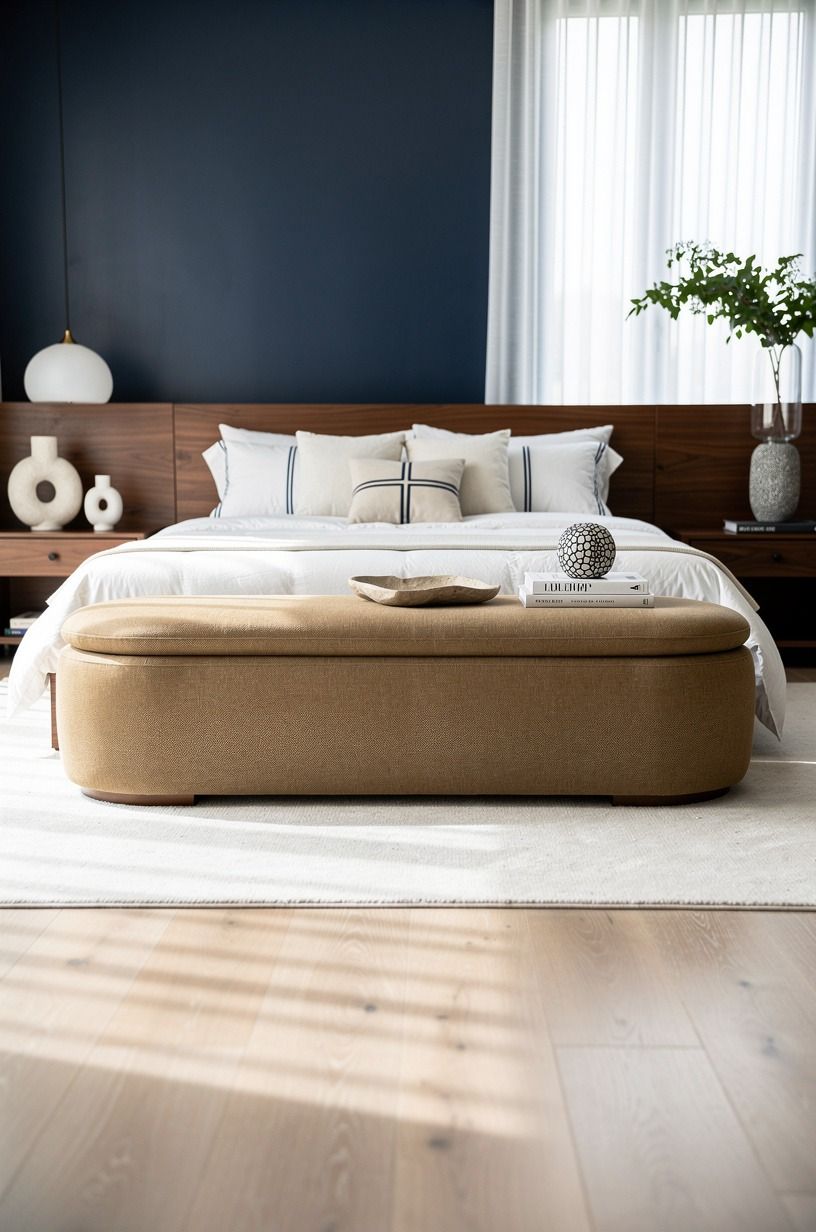 Add a bench at the foot of the bed instead of more pillows