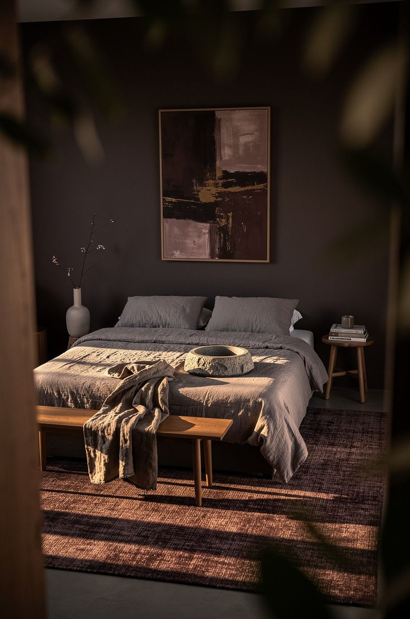 Choose a dark moody romantic bedroom rug before artwork