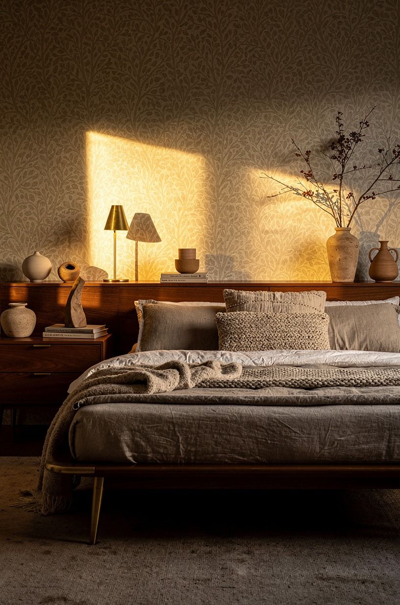 Try romantic moody bedroom wallpaper behind the bed