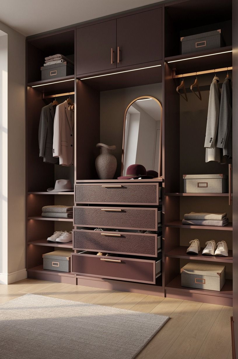 Anchor walk in closet design with one deep drawer bank