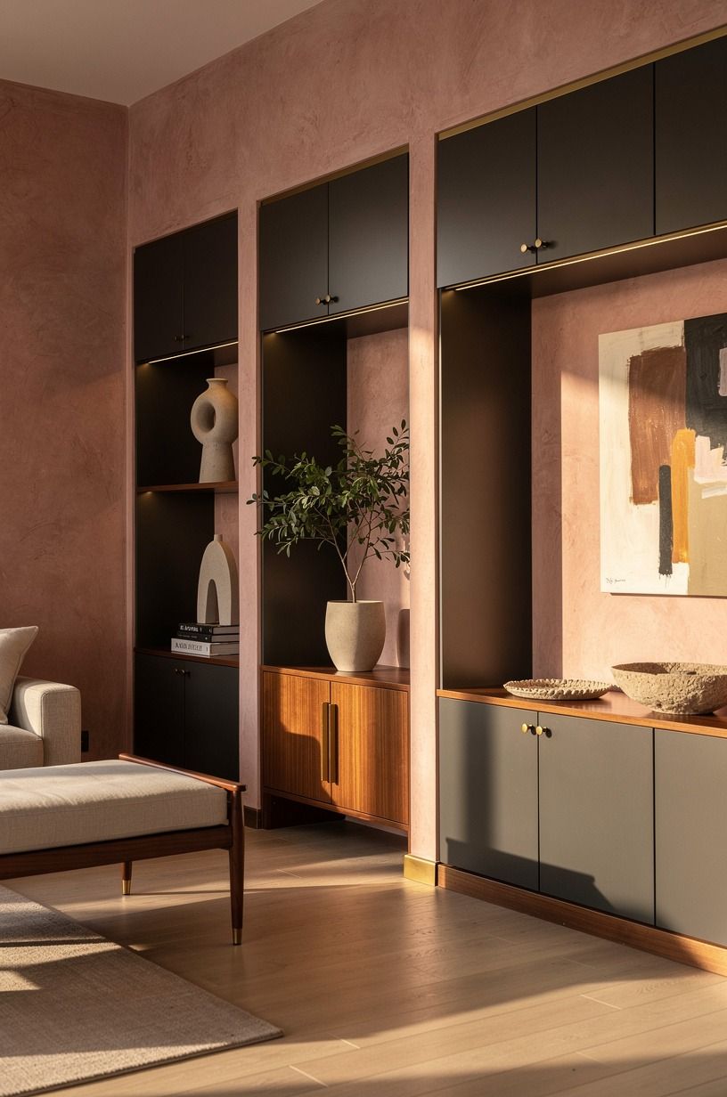 Mix closed storage into living room alcoves