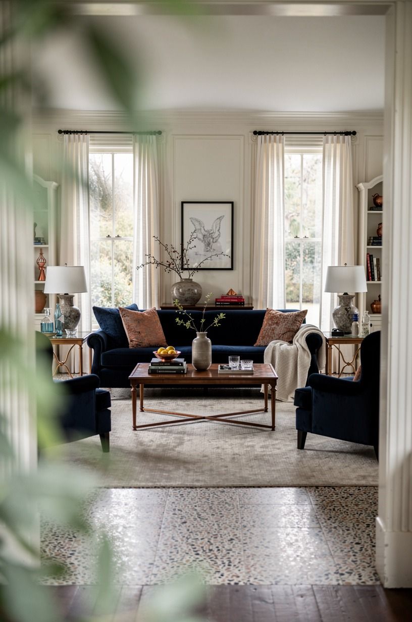 Anchor the room with a wool rug that furniture overlaps