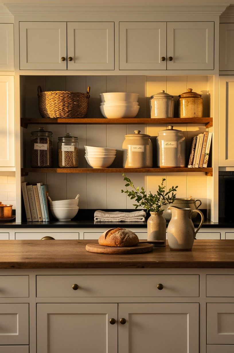 Make antique style home design feel useful with a working pantry shelf