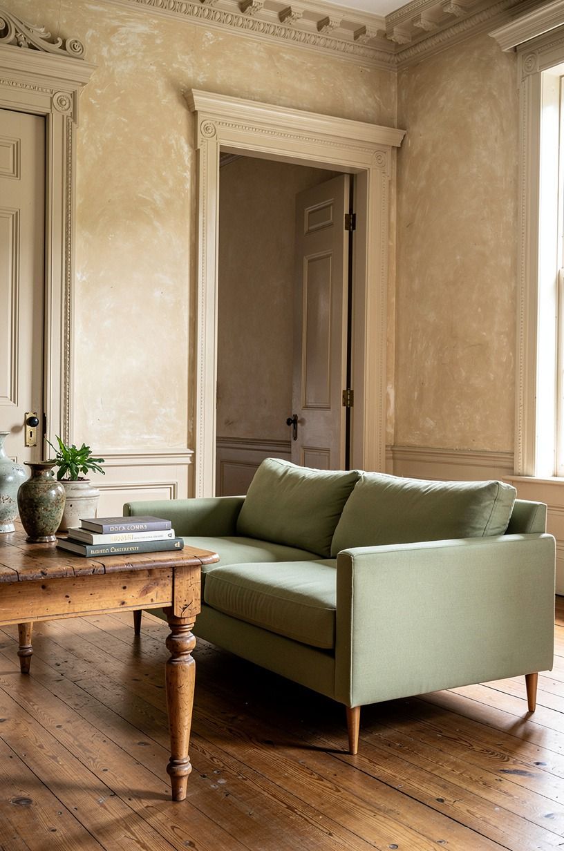 Mix a modern sofa with a historic-looking table