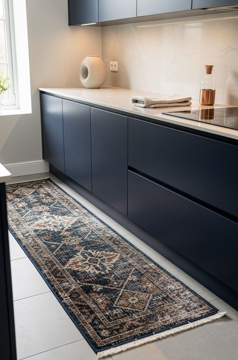 Let a vintage runner soften the cabinet line
