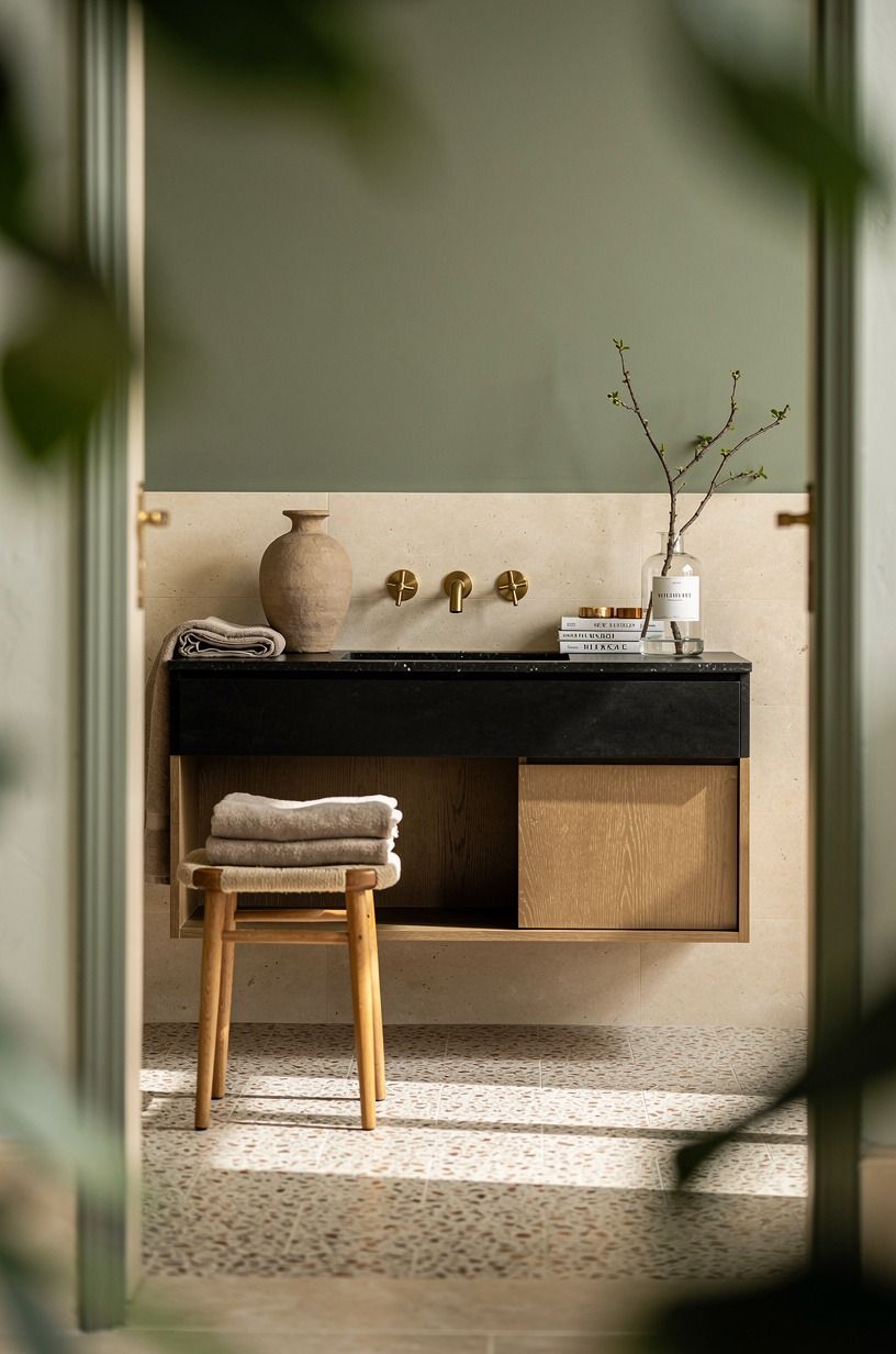 Float a dark vanity above visible flooring