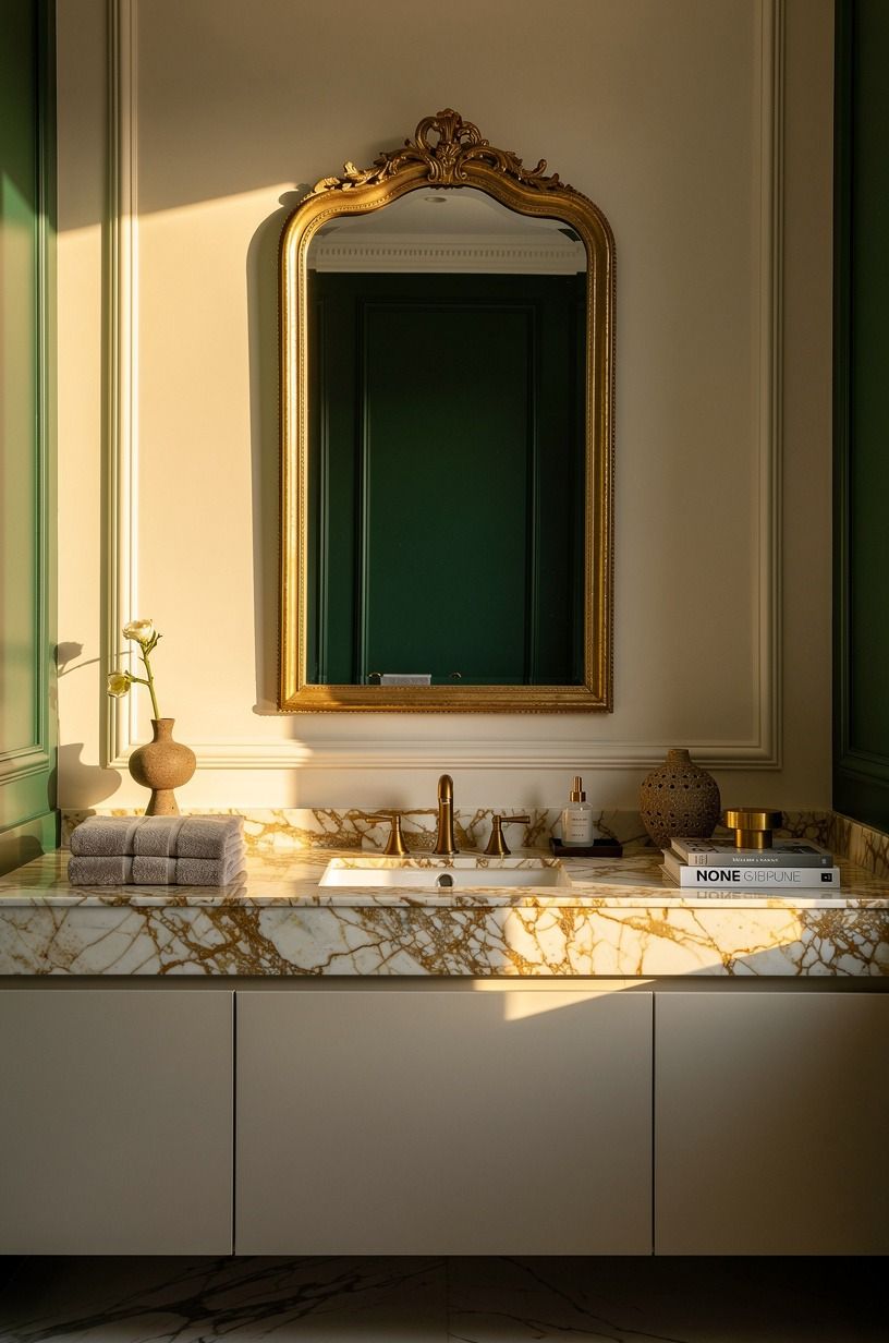 Hang a vintage-looking mirror over a plain vanity