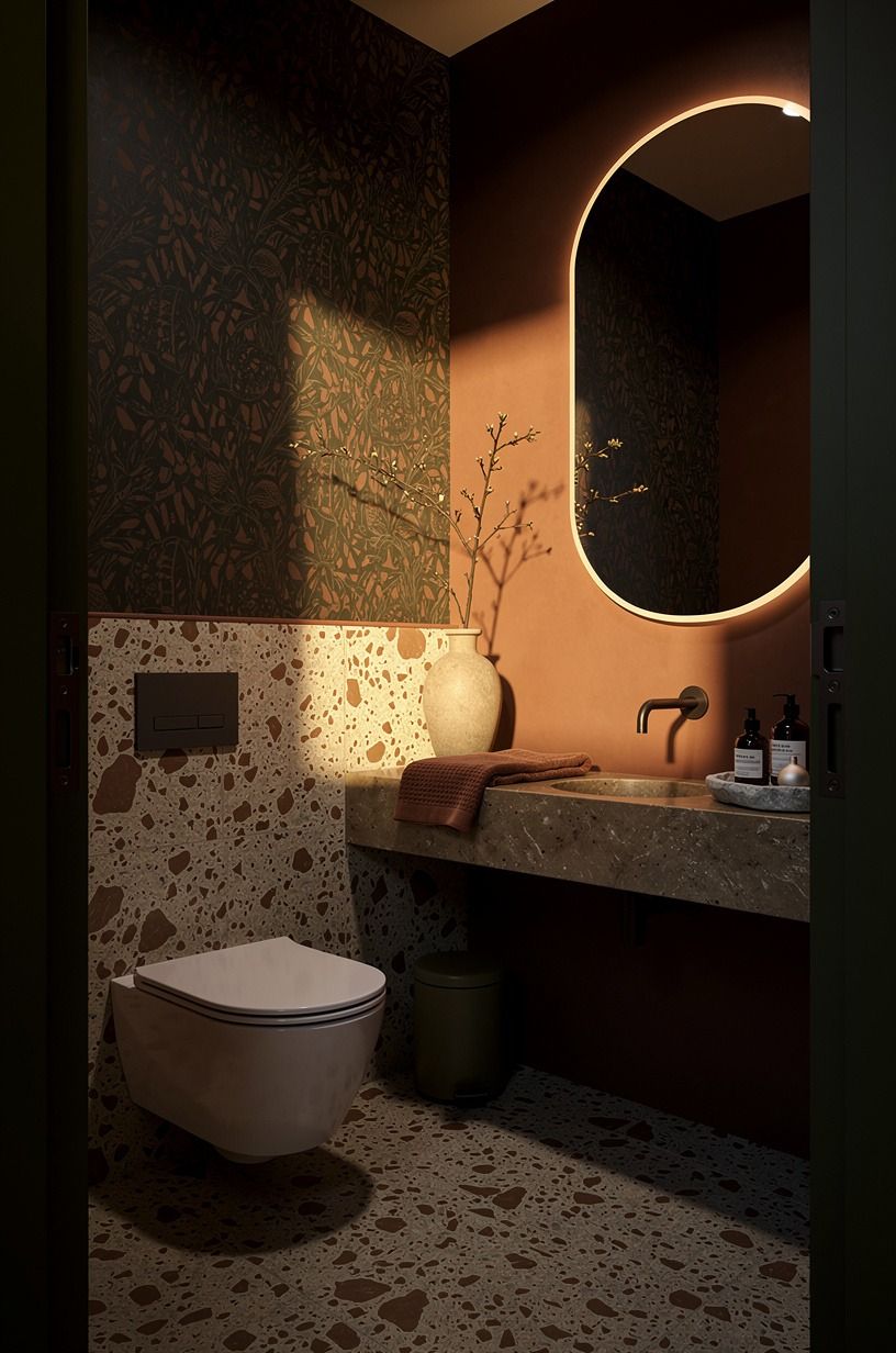 Let dark toilet room wallpaper do one loud job
