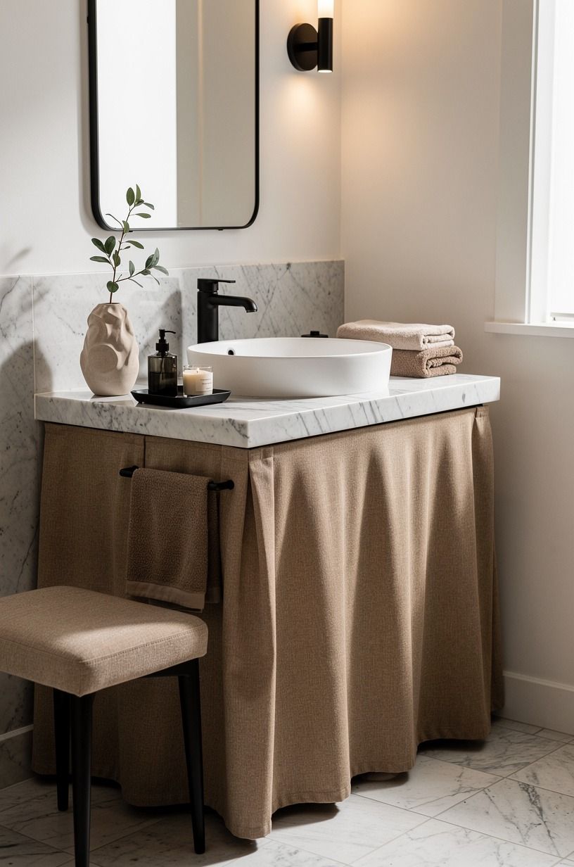 Put storage behind a skirted pedestal sink