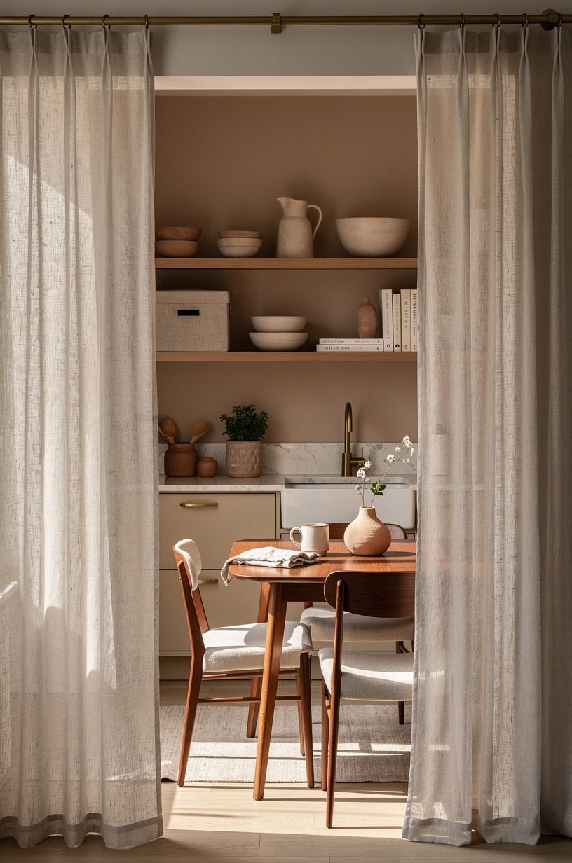 Frame the nook with curtains that soften the kitchen