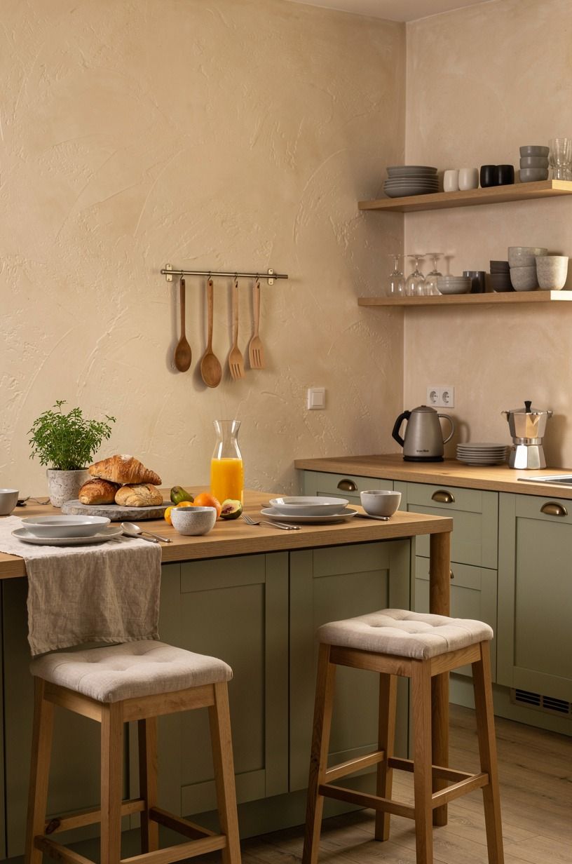 Mix a forgiving material palette for real breakfasts