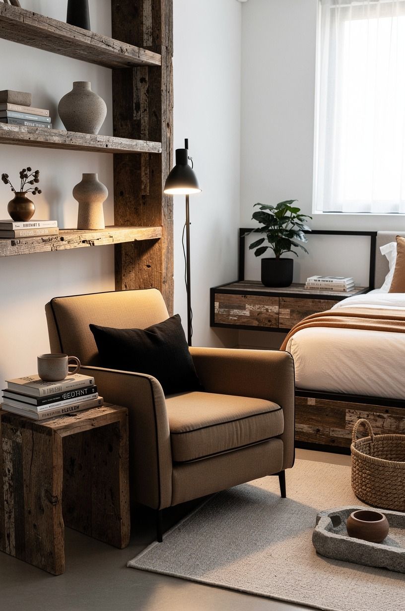 Create a dark dreamy bedroom reading corner with one chair
