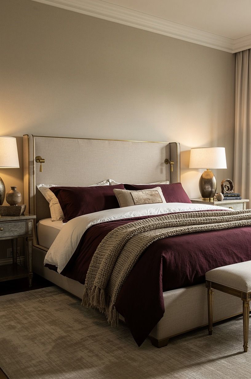 Layer bedding with wine, bone, and one rough texture
