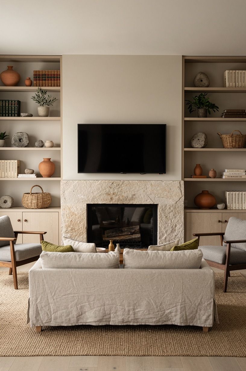 Frame the TV with shelves that hold real life